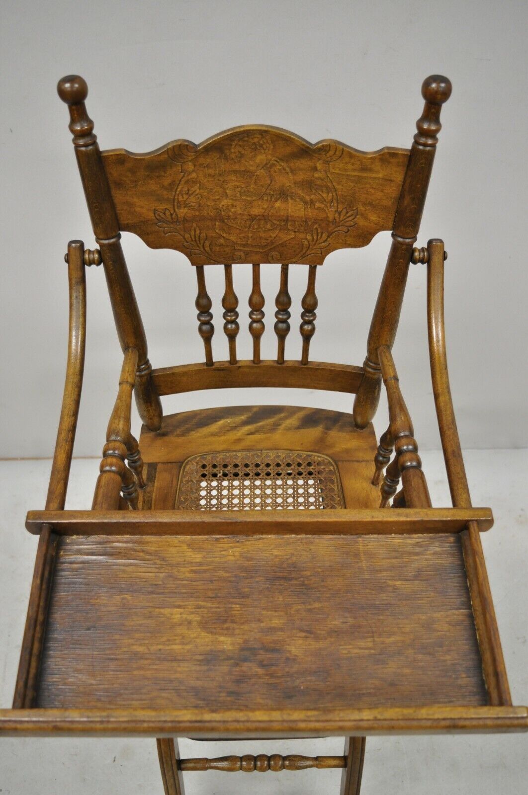 Antique Oak Convertible Pressed Back Victorian High Chair Baby Stroller