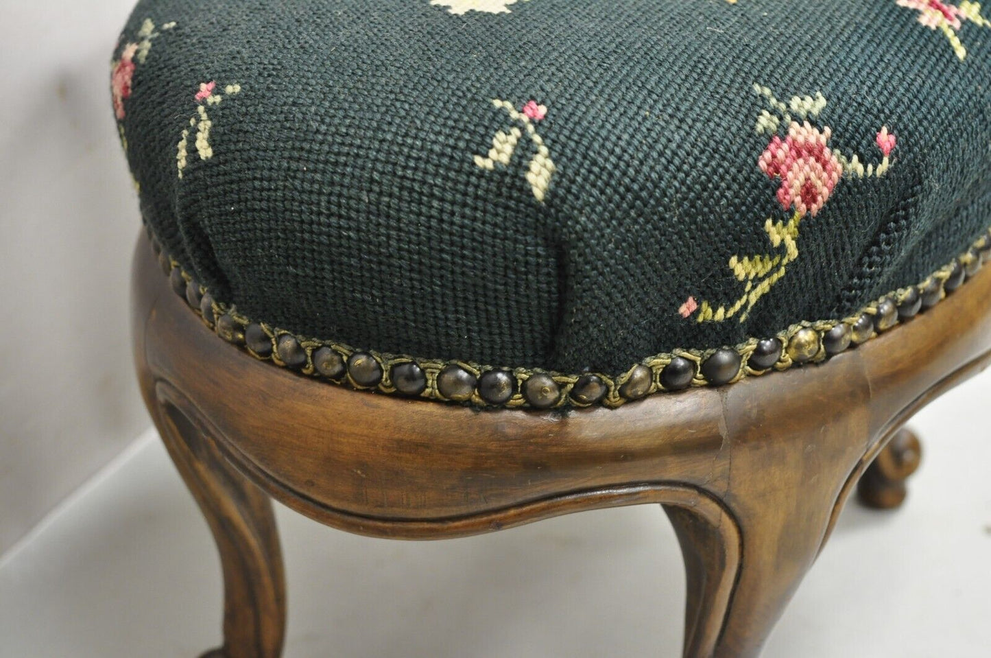 Antique French Victorian Green Floral Needlepoint Oval Mahogany Small Footstool