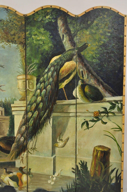 Venetian Hand Painted Oil on Canvas 4 Section Peacock Bird Screen Room Divider