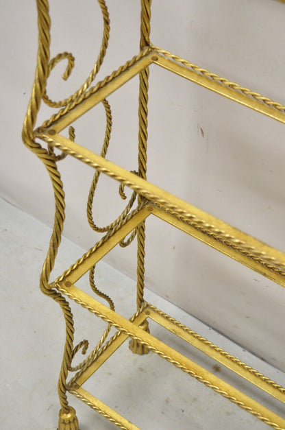 Italian Hollywood Regency Gold Gilt Iron 5 Tier Rope Tassel Etagere Shelf Stand