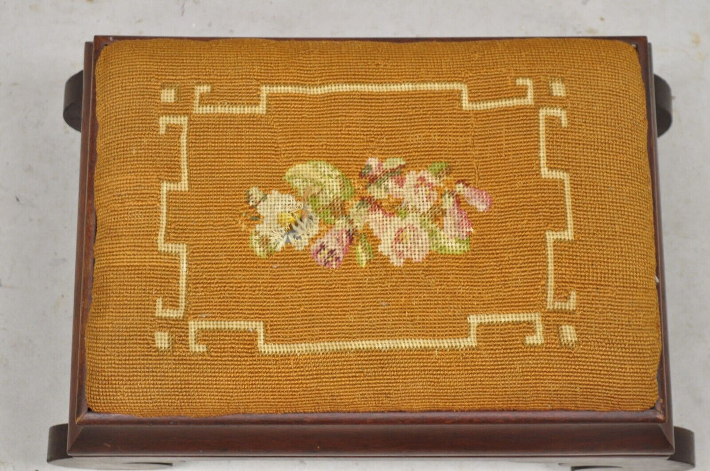 Antique American Empire Mahogany Brown Floral Needlepoint Footstool Ottoman
