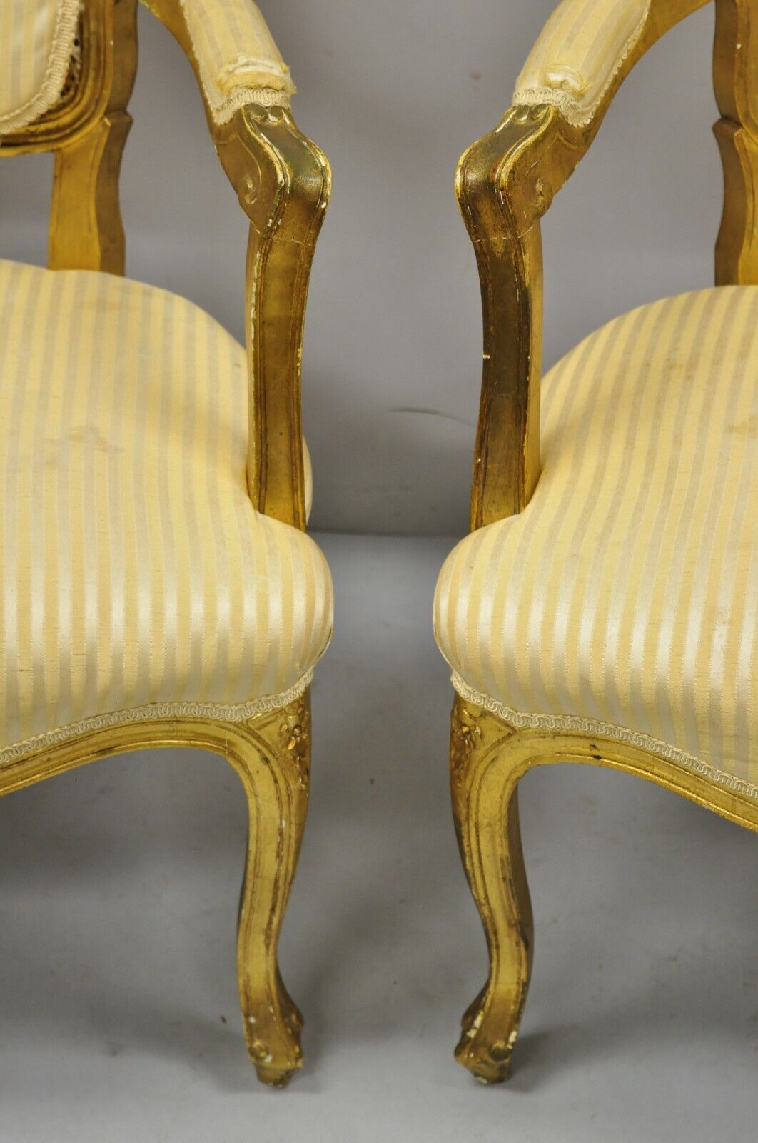 French Louis XV Style Gold Gilt Fauteuil Arm Chairs to Refinish DIY - a Pair