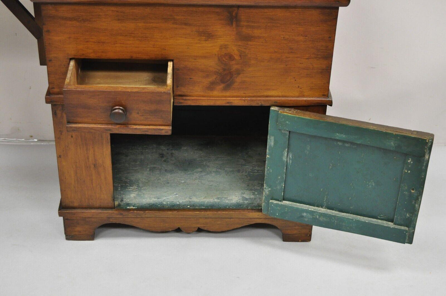 Antique Pine Wood Lift Top Copper Lined Dry Sink with Copper Drop Side Surface