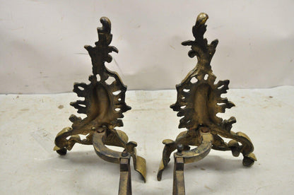 Antique French Rococo Baroque Style Brass Leafy Acanthus Andirons - a Pair