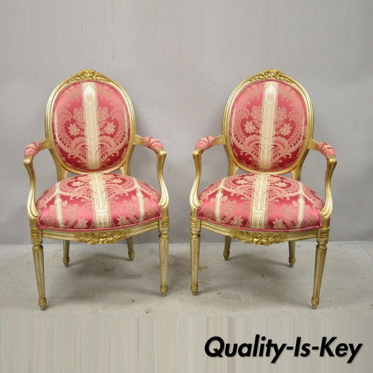 French Louis XVI Style Silver Gold Gilt Pink Damask Oval Back Arm Chairs - Pair