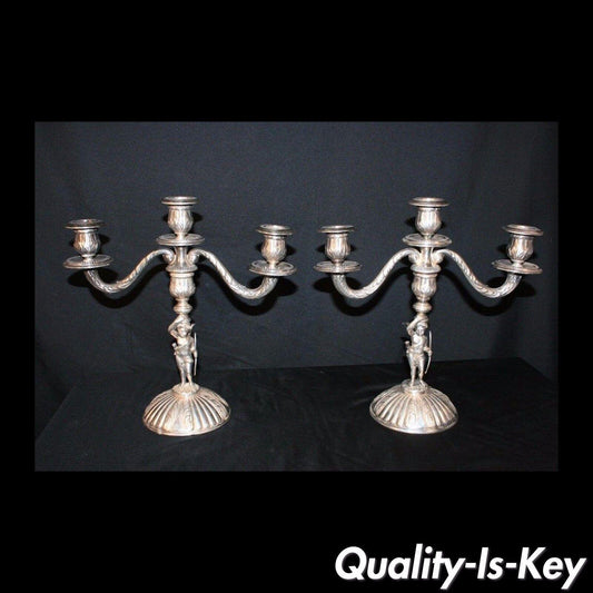 Antique Pair Figural Silverplate Cupid Cherub Adorable Candelabras Candleholders