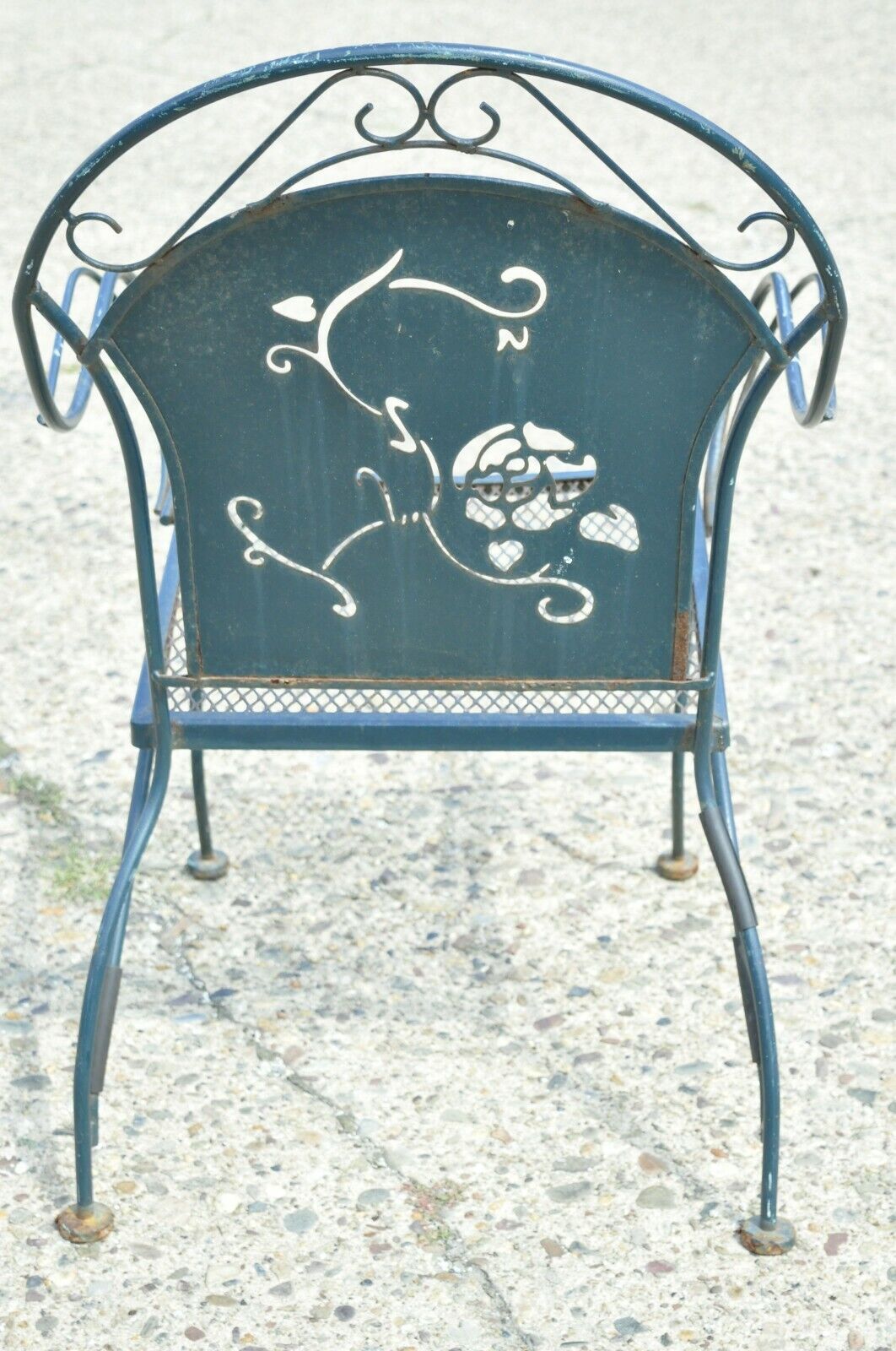 Vintage Mid Century Wrought Iron Pierced Rose Garden Patio Dining Arm Chair