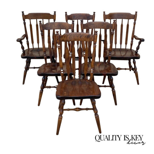 Ethan Allen Pine Wood Old Tavern Cattail Back Dining Room Chairs - Set of 6