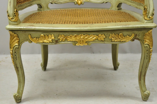 Antique French Louis XV Victorian Distressed Green Gold Gilt Cane Bergere Chair