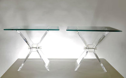 Pair of Mid Century Modern Lion in Frost Lucite Butterfly Glass Top End Tables