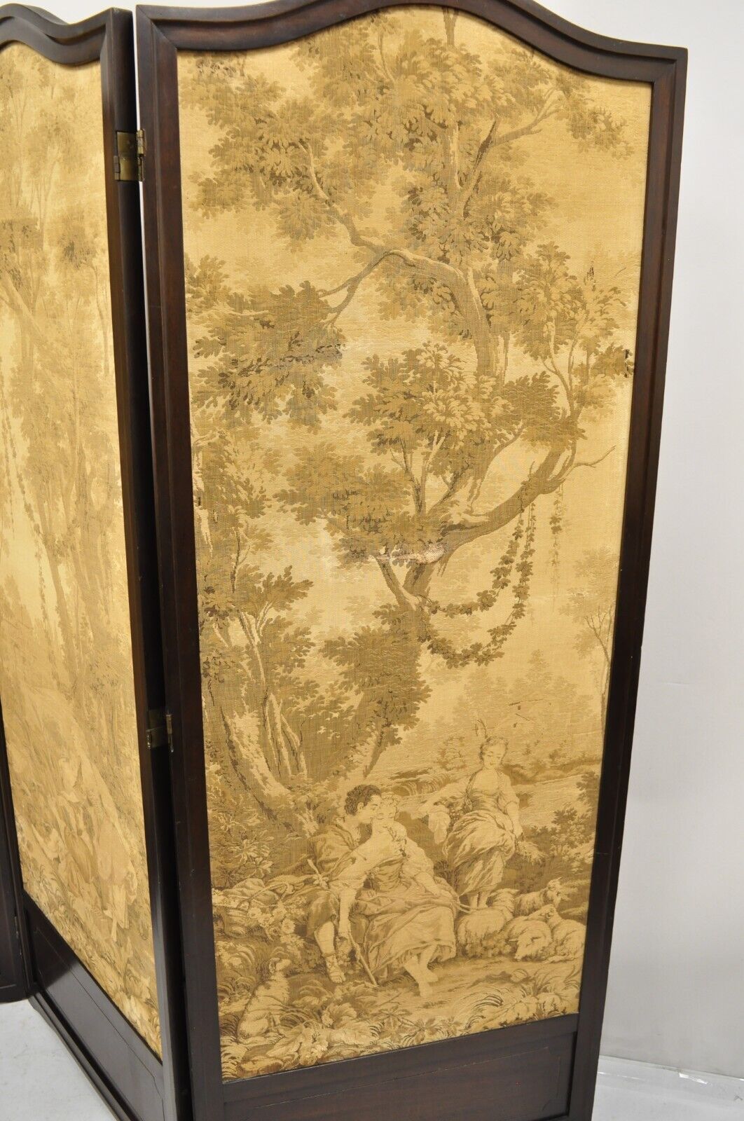 Antique Victorian French Tapestry Mahogany Frame 3 Panel Screen Room Divider