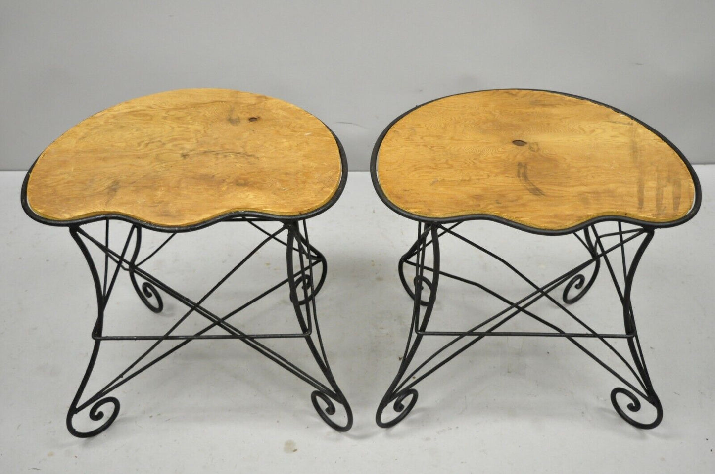 Pair French Art Nouveau Style Stool Bench Seats w/ Scrolling Wrought Iron Frame