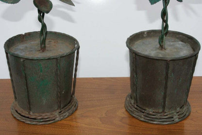 Pair Brutalist Industrial Mid Century Iron Planter Pot Table Statue Sculpture