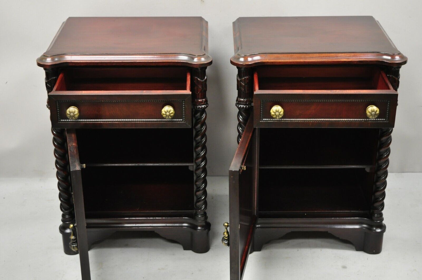 Vtg Mahogany Hollywood Regency Leather Door Nightstands Bedside Tables - a Pair