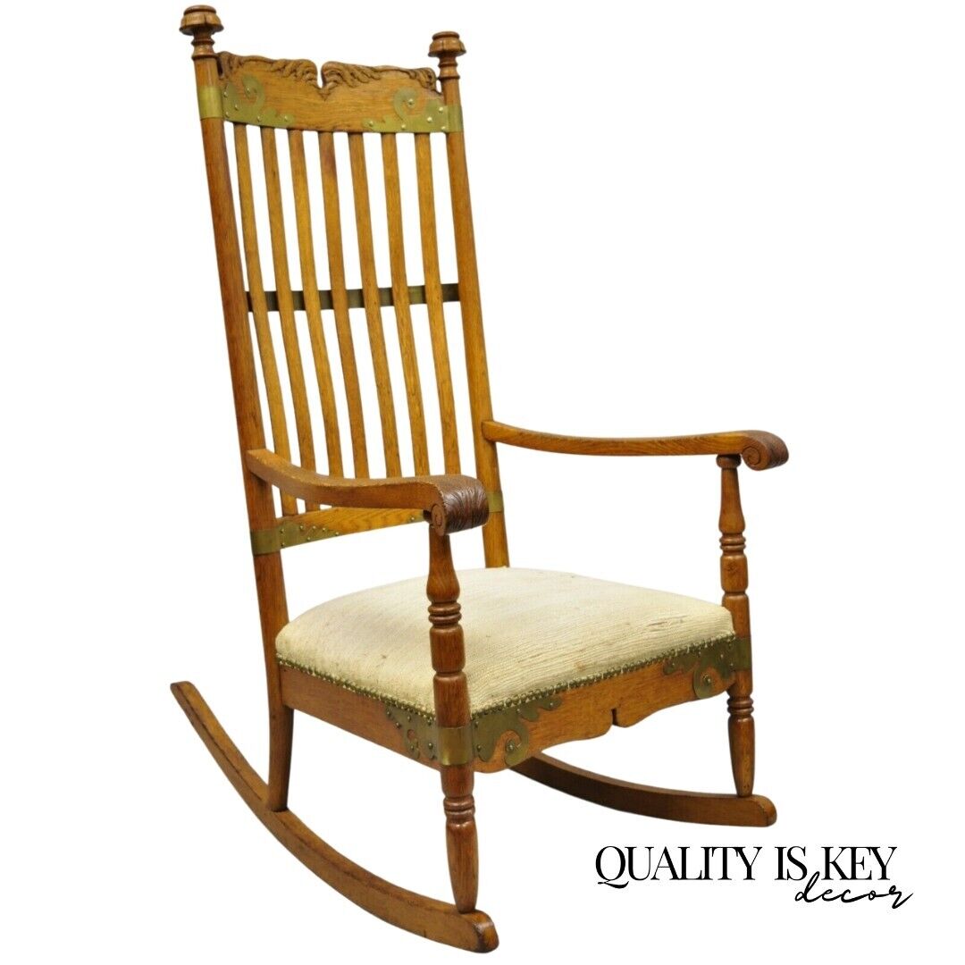 Antique Victorian Oak Wood Arts & Crafts Rocker Rocking Chair with Brass Accents