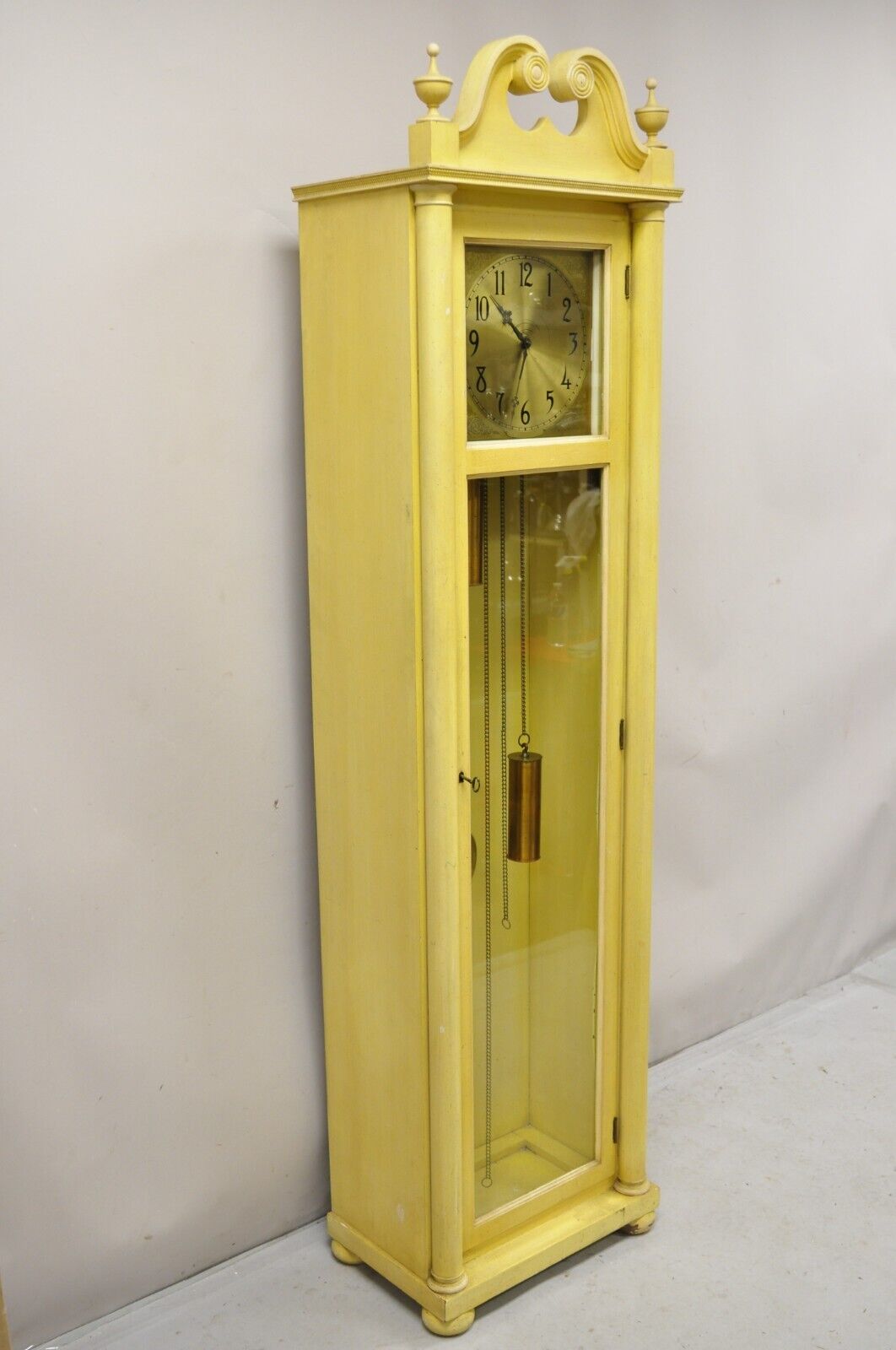Antique Colonial Mfg Co Beige Painted Tall Case Federal Style Grandfather Clock