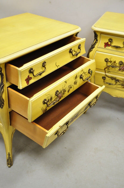 French Louis XV Style Yellow Butterfly Painted 3 Drawer Nightstands - a Pair