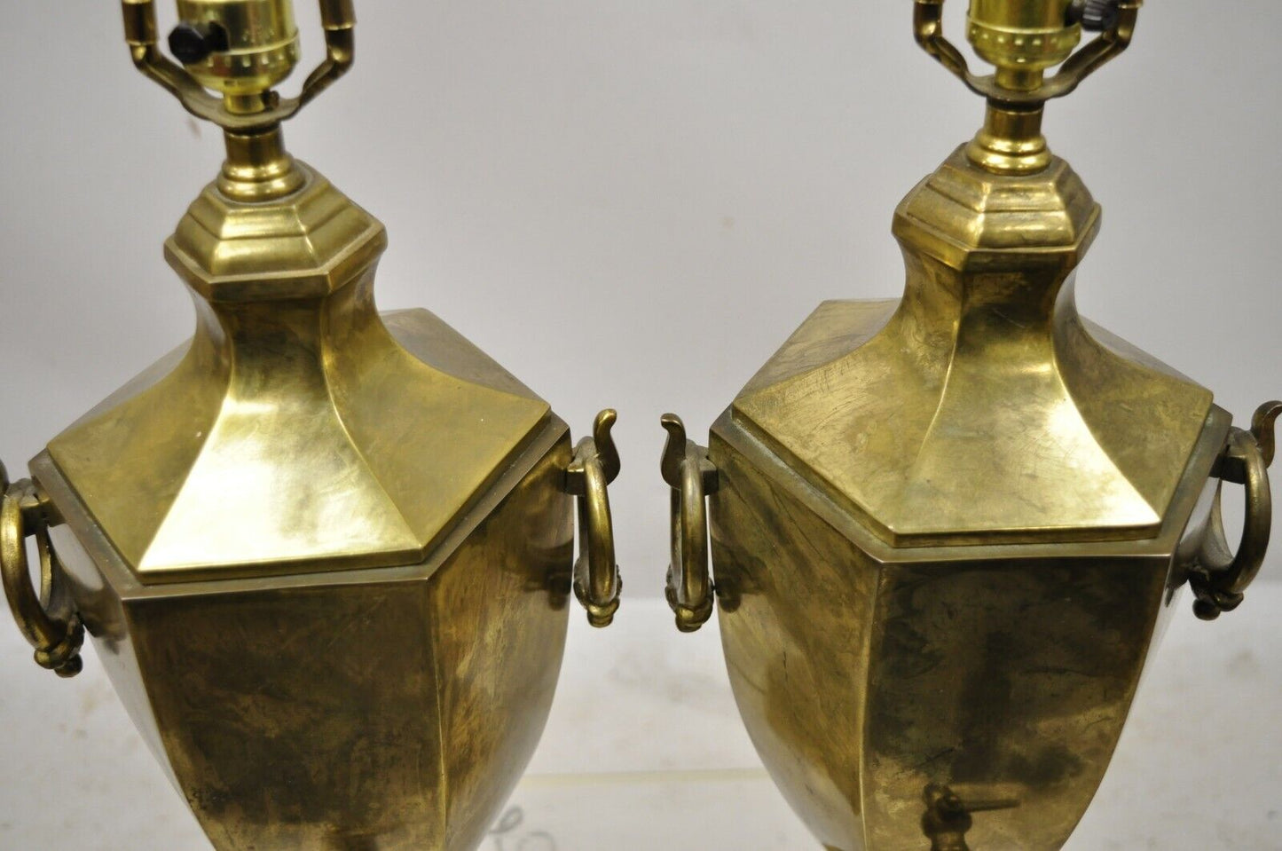 Paul Hanson Burnished Brass Samovar Urn Form Table Lamps with Shades - a Pair