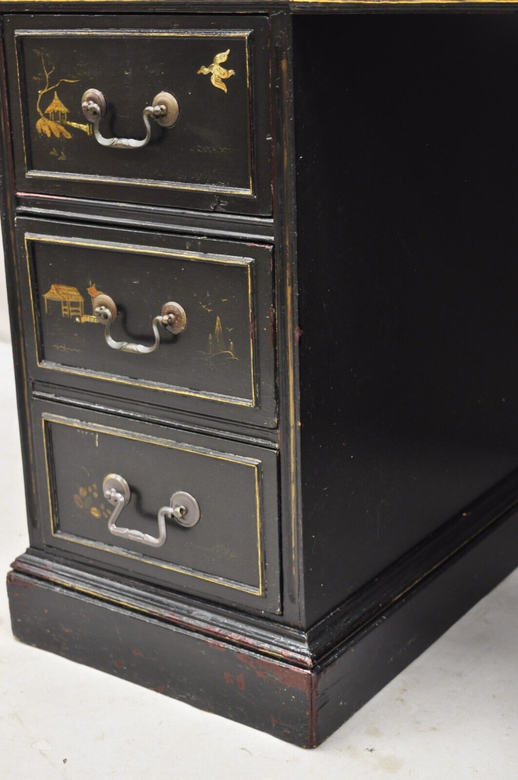 Vintage Chinoiserie Black Chinese Painted Red Leather Top Kneehole Writing Desk