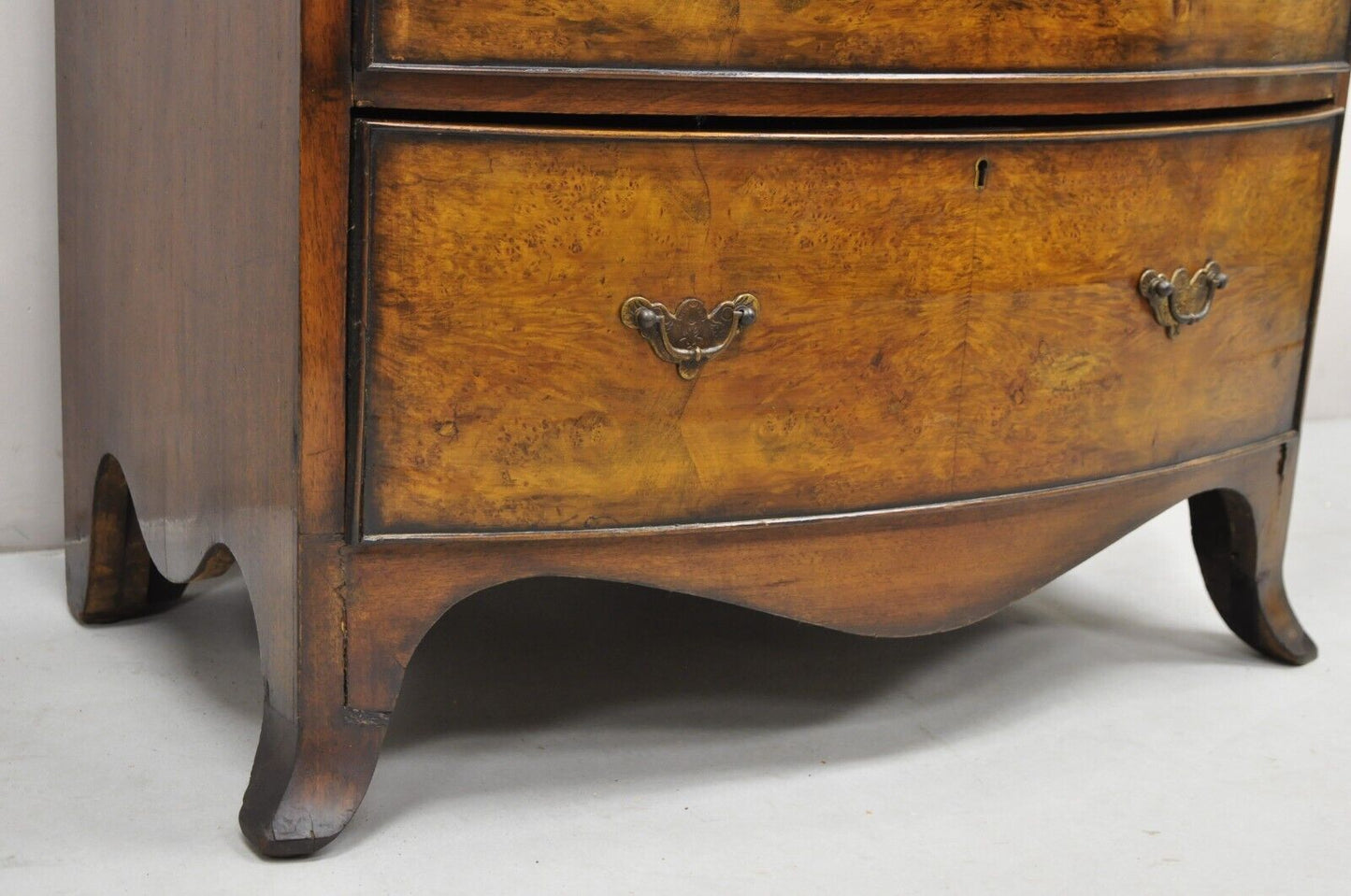 19th C English George II Burl Walnut Chest on Chest Dresser Chest of 8 Drawers