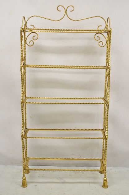 Italian Hollywood Regency Gold Gilt Iron 5 Tier Rope Tassel Etagere Shelf Stand