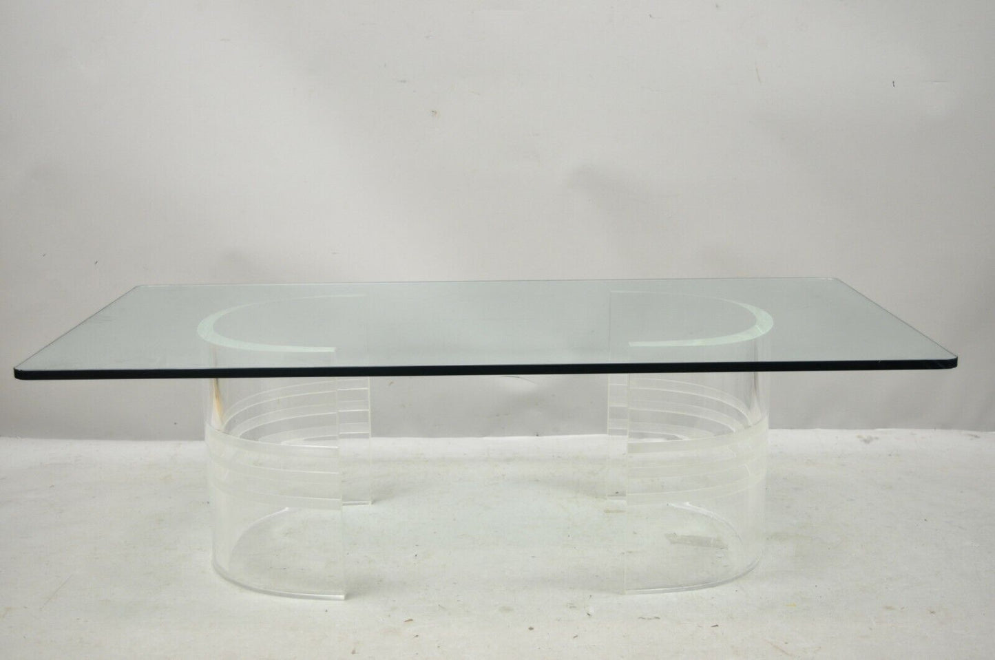 Mid Century Double Pedestal Curved Lucite Base Rectangular Glass Coffee Table