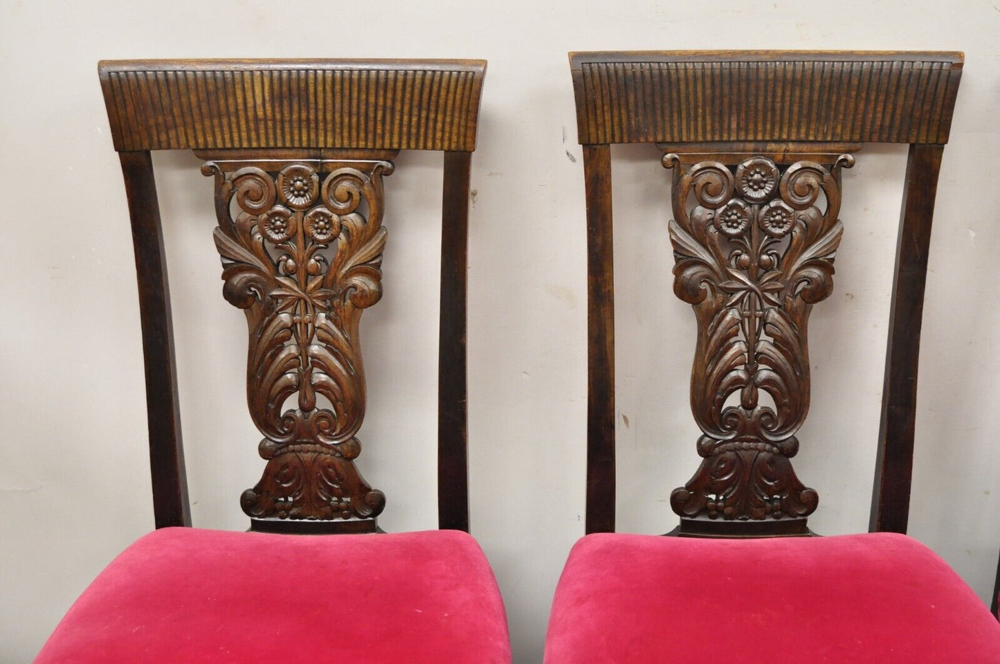 Antique Edwardian Floral Carved Mahogany Red Mohair Dining Chairs - Set of 4