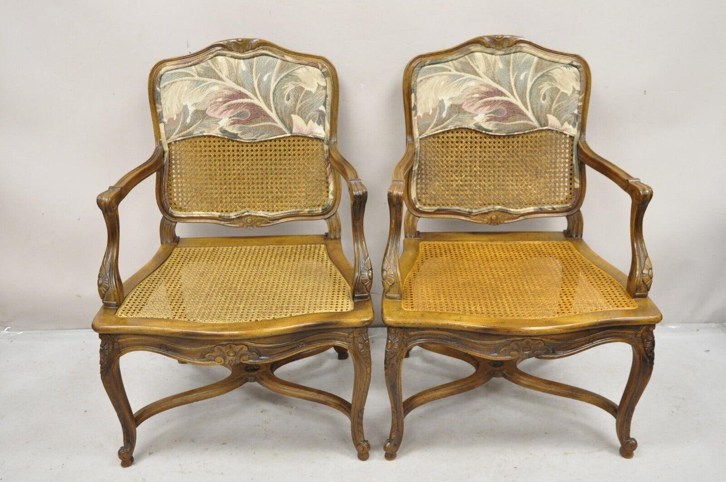 Pair Vintage French Country Louis XV Style Upholstery and Cane Lounge Arm Chairs