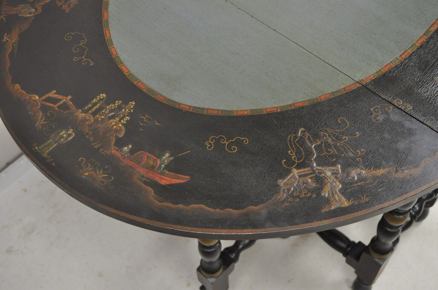 Antique Chinoiserie Lacquered Chinese Gate Leg Drop Leaf Blue Oval Side Table
