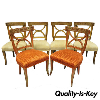 6 Hollywood Regency Italian Neoclassical Greek Key Painted Dining Room Chairs