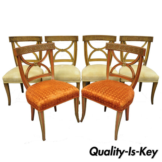 6 Hollywood Regency Italian Neoclassical Greek Key Painted Dining Room Chairs