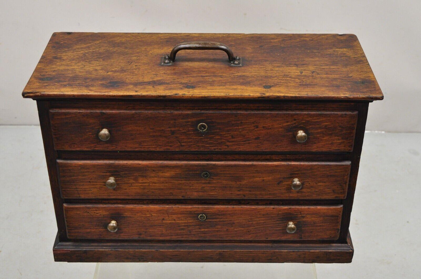 Antique Primitive Rustic Oak Wood 3 Drawer Tool Box Storage Chest with Handle