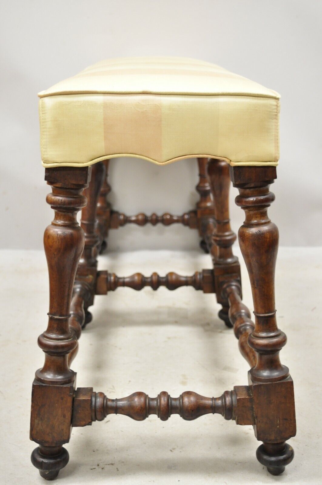 Antique Italian Renaissance Jacobean 6 Turn Carved Walnut Legs Upholstered Bench