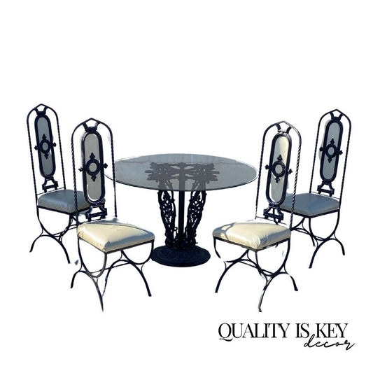 Vintage Hollywood Regency Curule Chair Wrought Iron Round Dining Set - 5 Pc Set