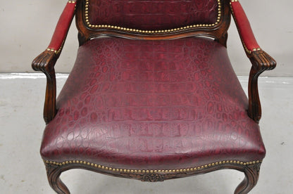 French Country Louis XV Style Burgundy Leather Faux Reptile Cowhide Armchair