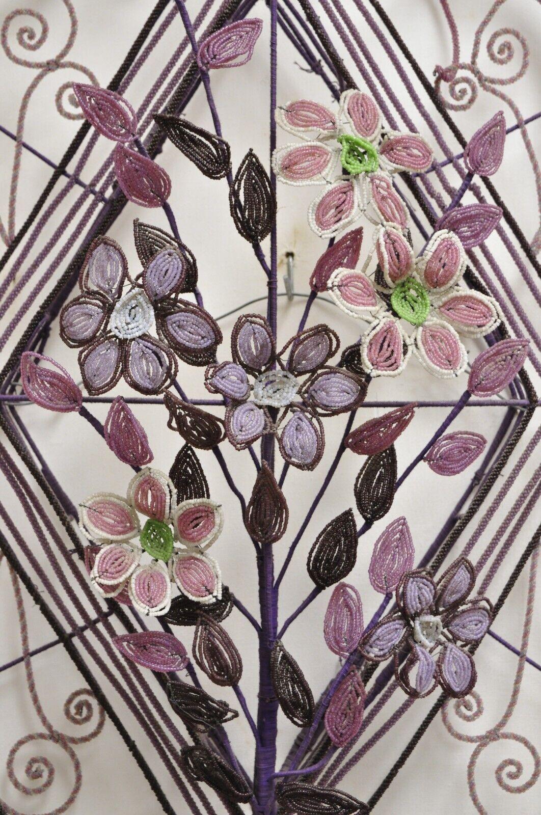 French Victorian Glass Beaded Purple Flower Casket Wreath Wall Sculpture (A)