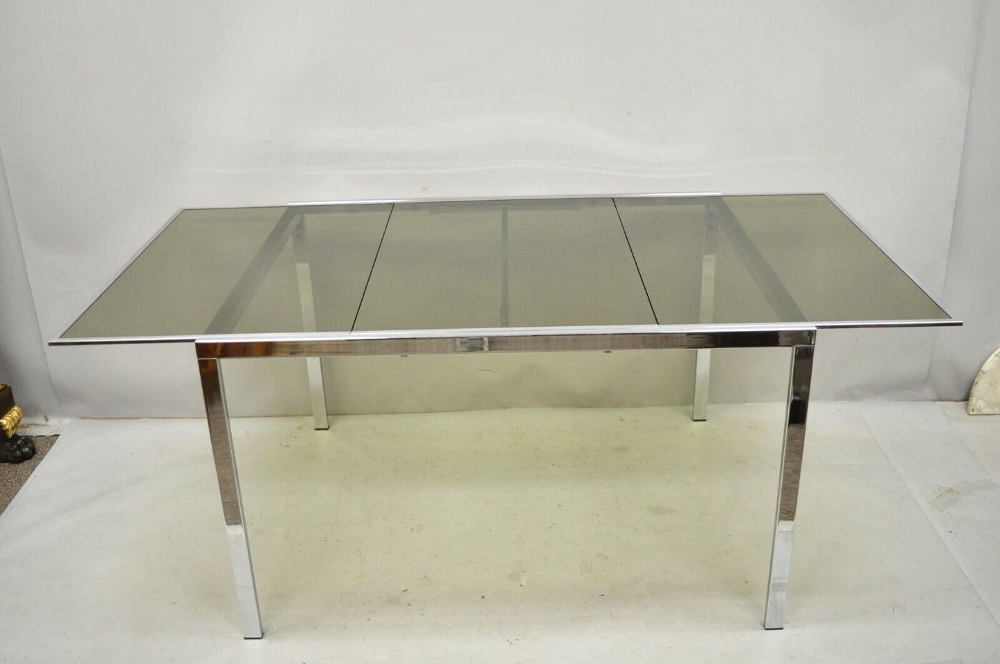 Mid Century Italian Modern Milo Baughman Chrome & Glass Extension Dining Table
