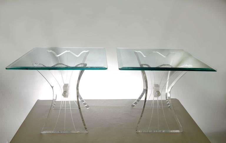 Pair of Mid Century Modern Lion in Frost Lucite Butterfly Glass Top End Tables