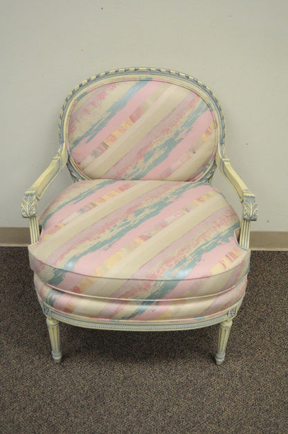 Vtg French Louis XVI Style Pink Blue Carved Bergere Boudoir Lounge Arm Chair
