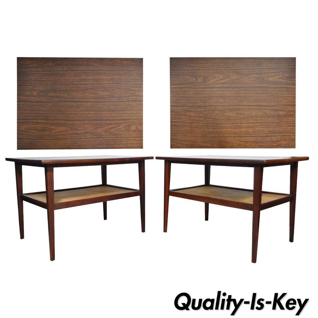 Vtg Pair Mid Century Modern Cane Walnut Laminate Foster McDavid End Side Tables