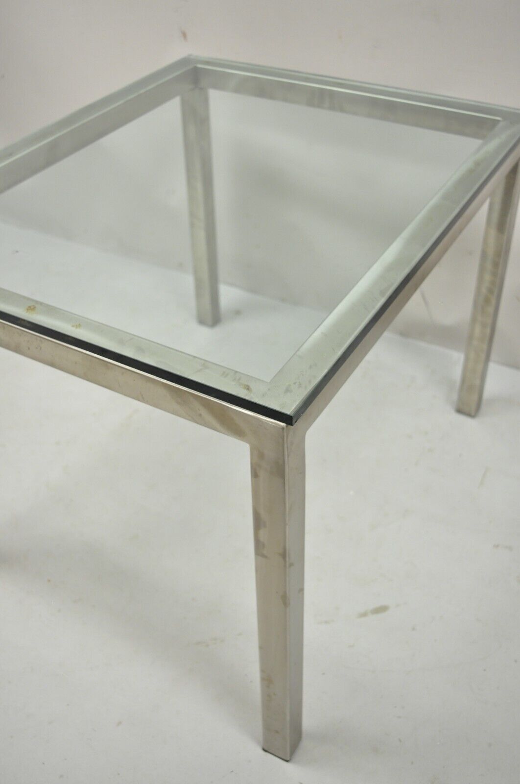 Mid Century Modern Brushed Metal Glass Top Baughman Style Side Table