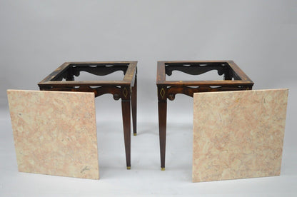 Pair of Antique Pink Marble Top Mahogany End Tables Regency Square Weiman Era