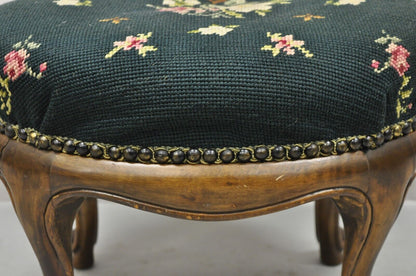 Antique French Victorian Green Floral Needlepoint Oval Mahogany Small Footstool