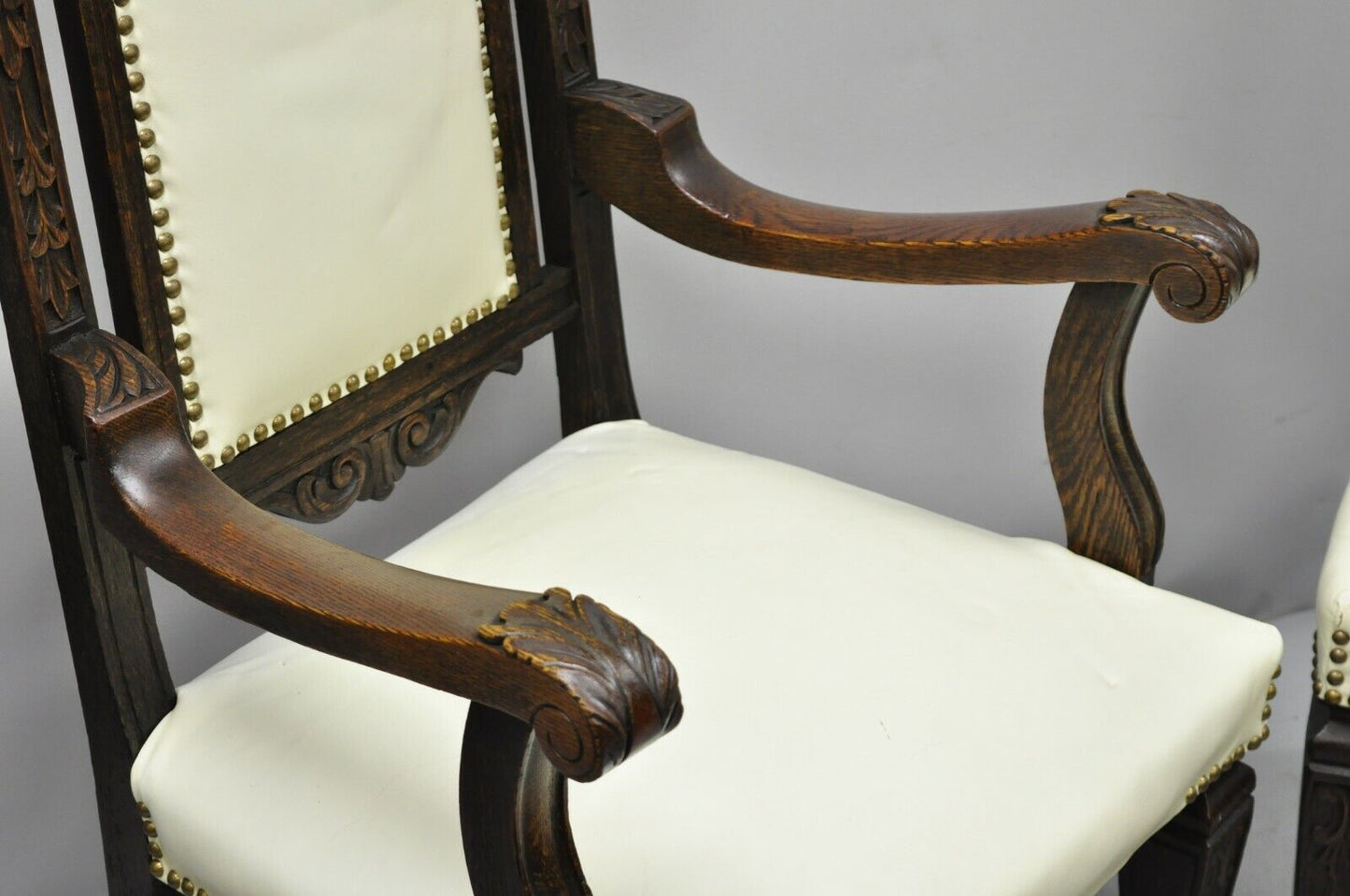 6 Antique Italian Renaissance Carved Oak Wood Upholstered Dining Chairs