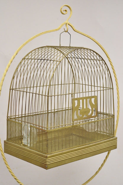 Antique Hendryx Art Nouveau Wrought Iron Bird Cage & Stand with Flowers and Vine
