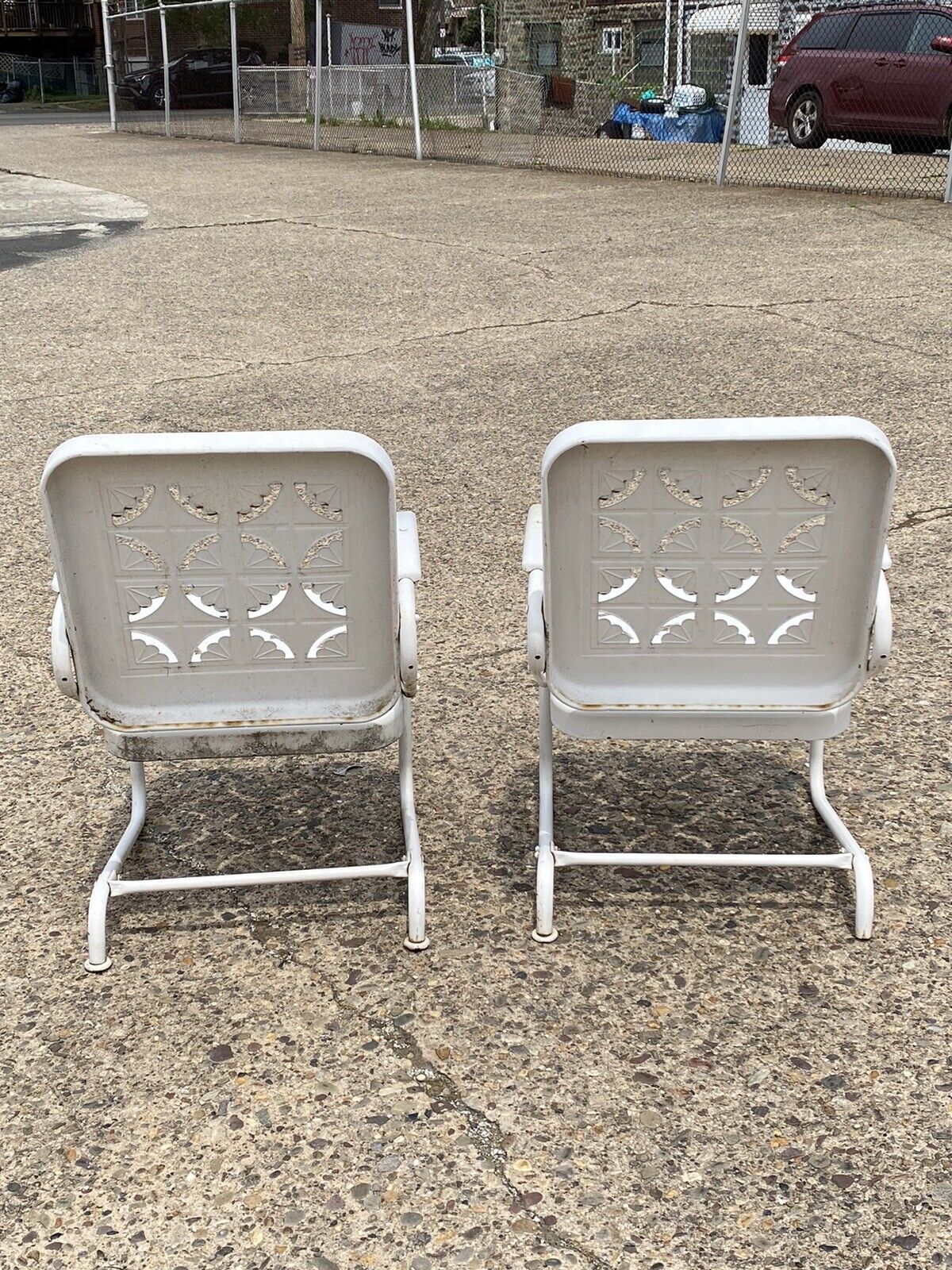 Vintage Starburst Pie Crest Metal Outdoor Patio Springer Lounge Chairs - a Pair
