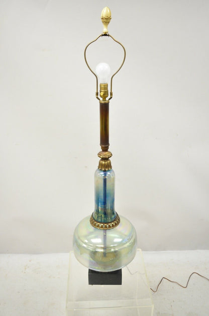 Vintage Mid Century Modern Italian Iridescent Blue Art Glass Tall Table Lamp