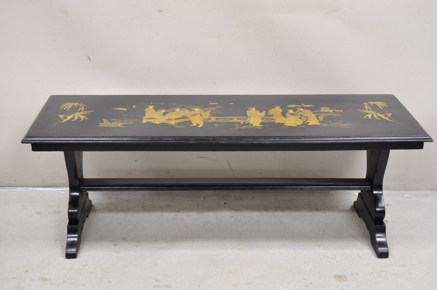 Vintage Chinoiserie Asian Inspired Black Painted Gold Gilt Trestle Coffee Table