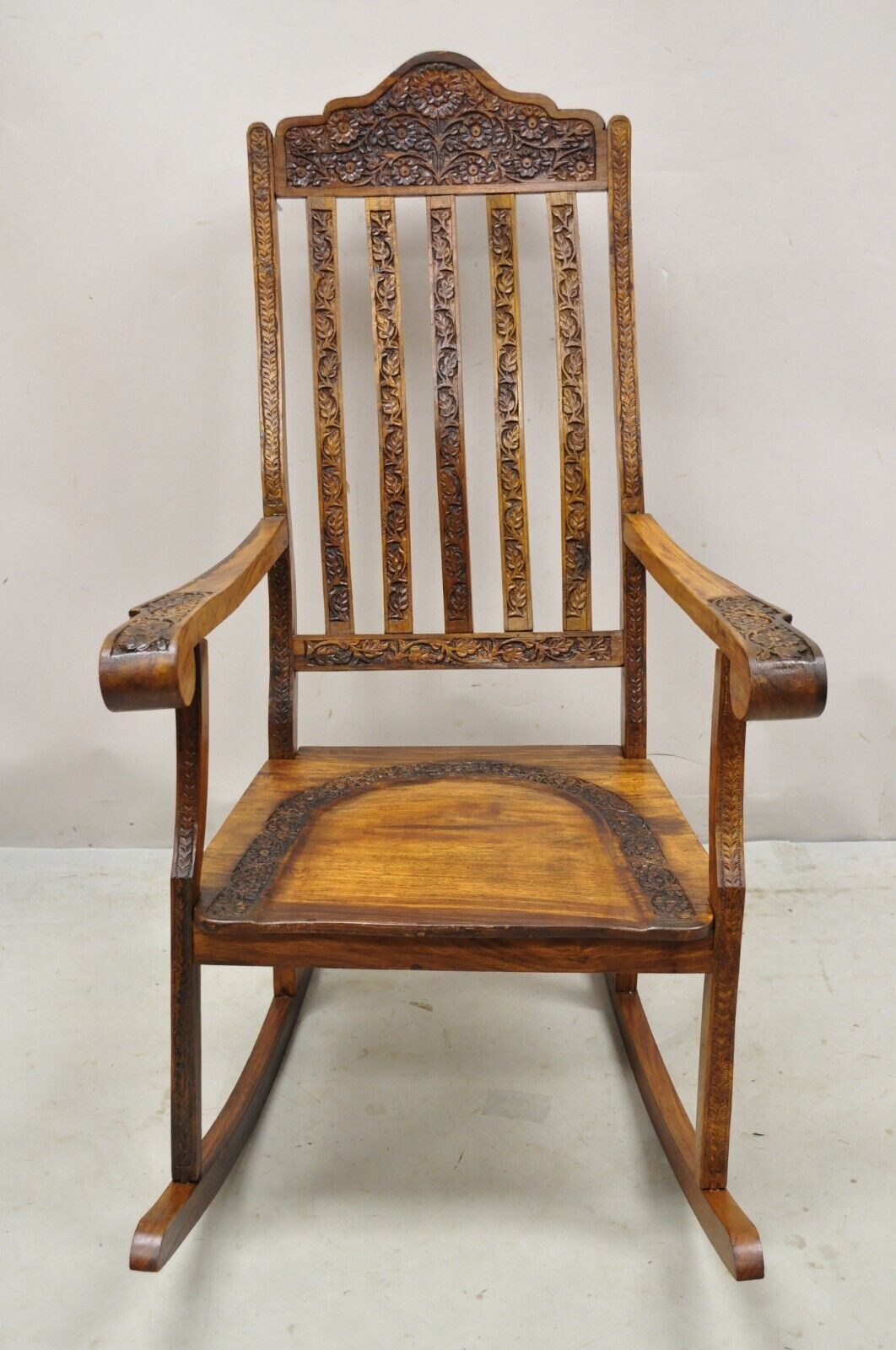 Vintage Anglo Indian Carved Teak Wood Rocking Chair Rocker