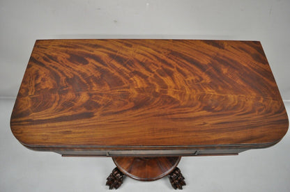 American Empire Crotch Flame Mahogany Paw Feet Pedestal Base Console Game Table